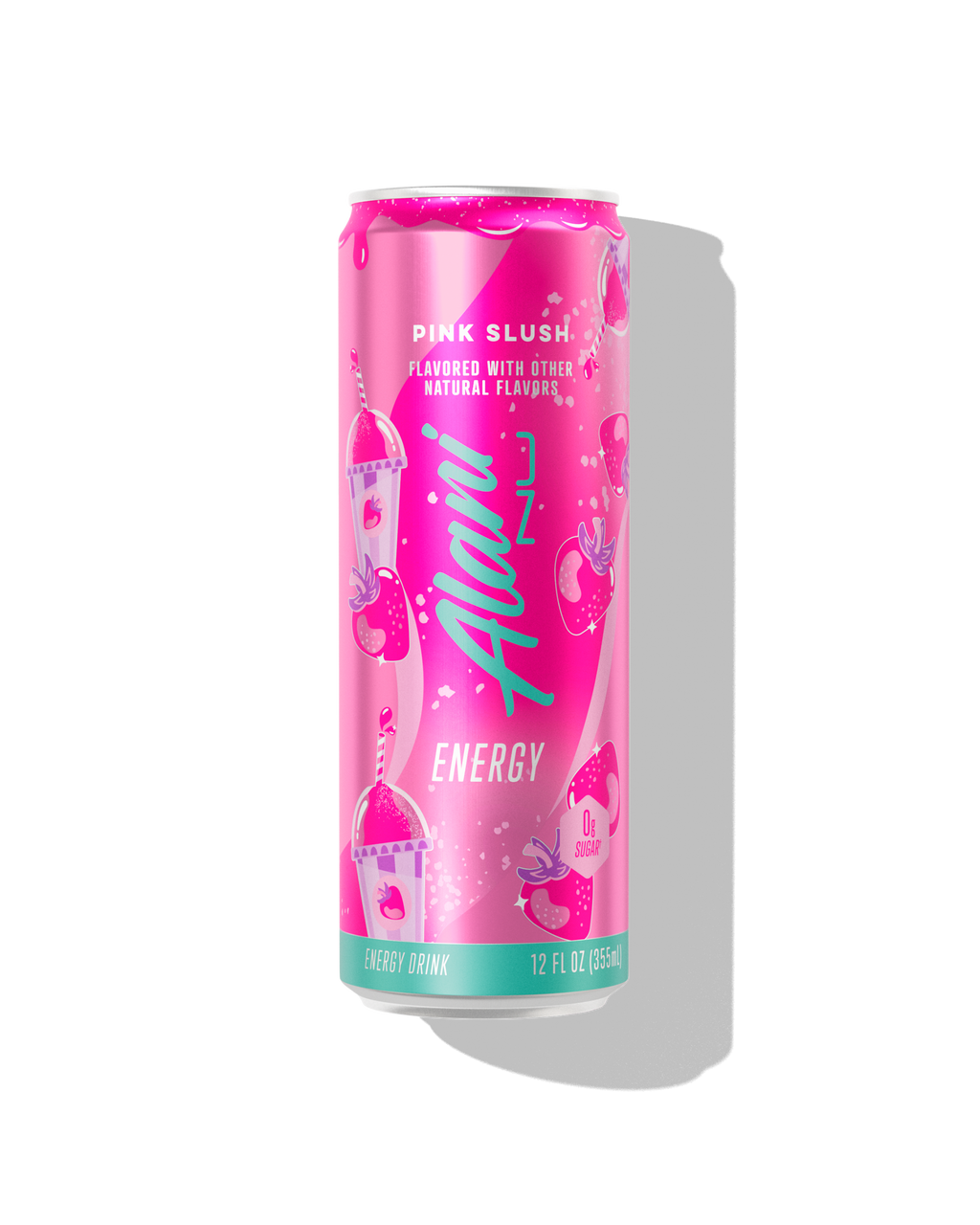 The front view of an Alani Nu Pink Slush Energy Drink can. The can has strawberry and pink slushie illustrations, along with a 0g sugar badge.