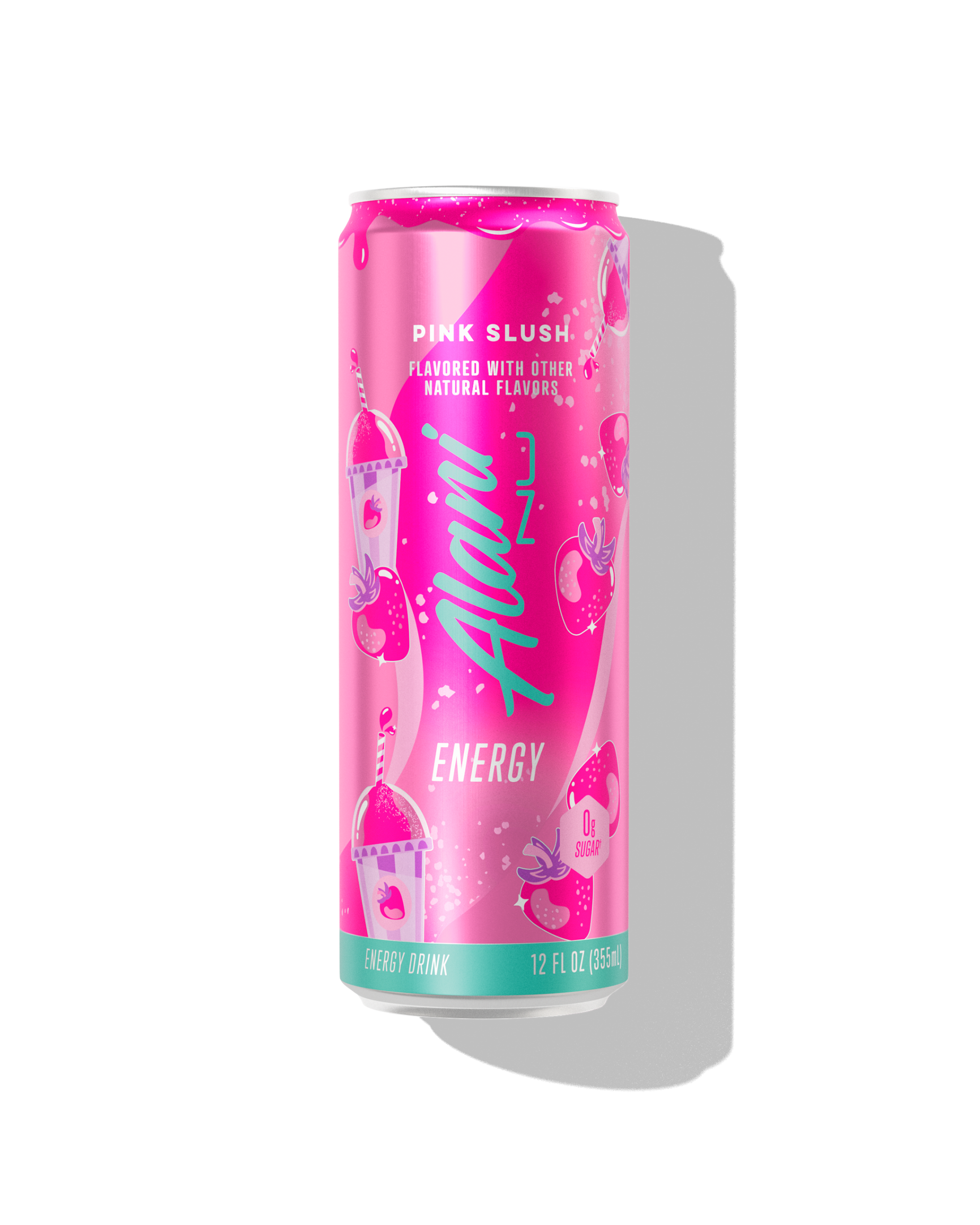 The front view of an Alani Nu Pink Slush Energy Drink can. The can has strawberry and pink slushie illustrations, along with a 0g sugar badge.