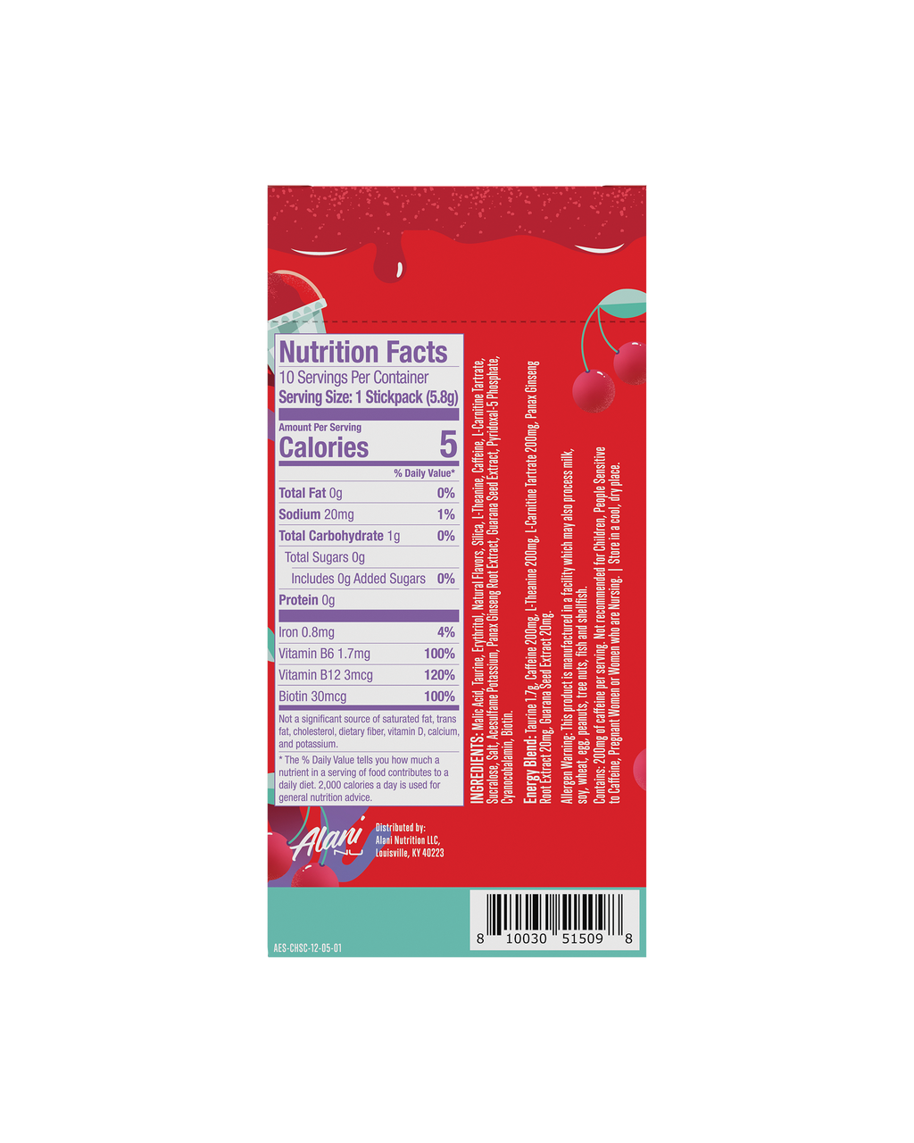A back view of Energy Sticks in Cherry Slush flavor highlighting the Nutrition Facts.