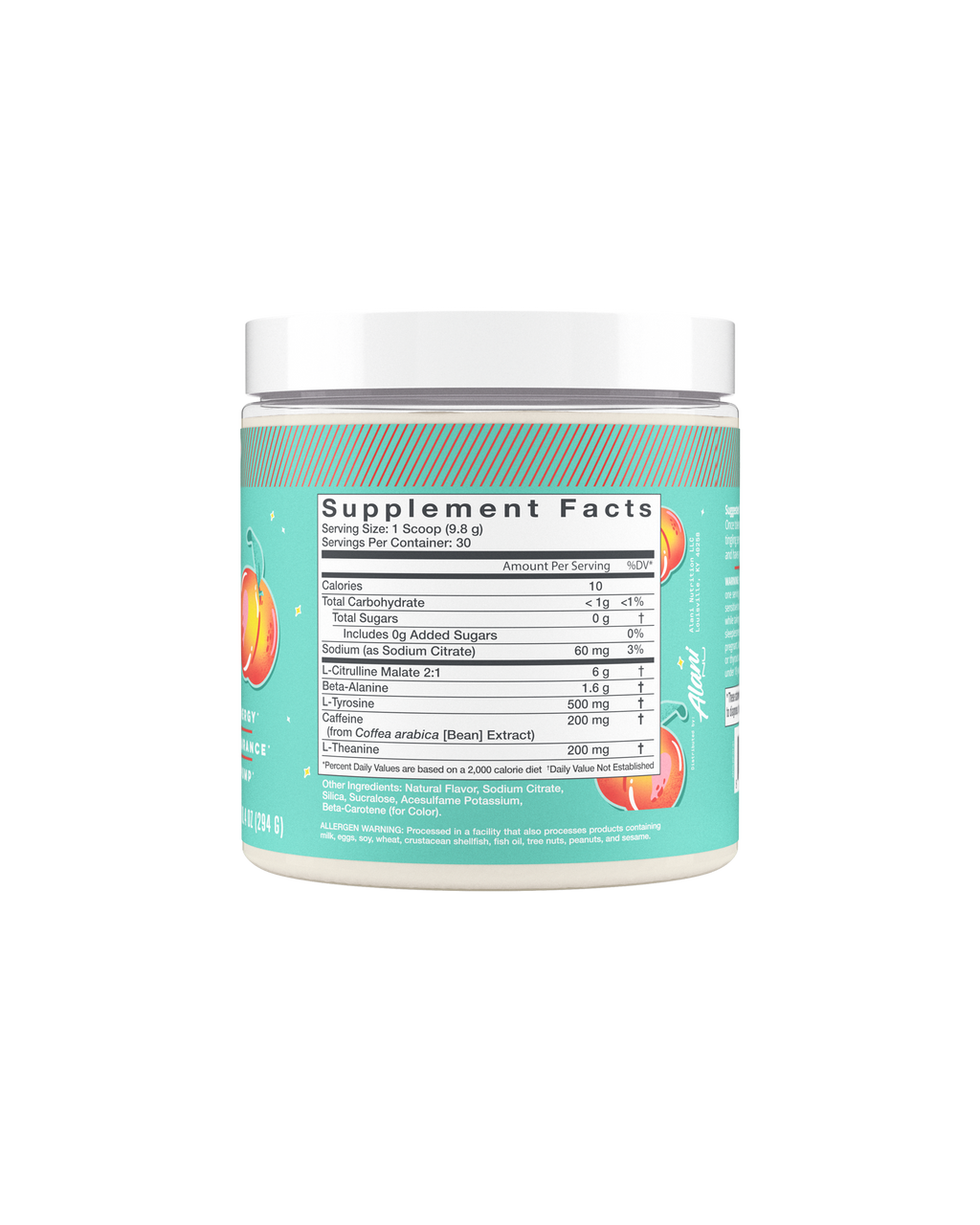 The back of Pre-Workout - Juicy Peach showcasing nutrition Facts.