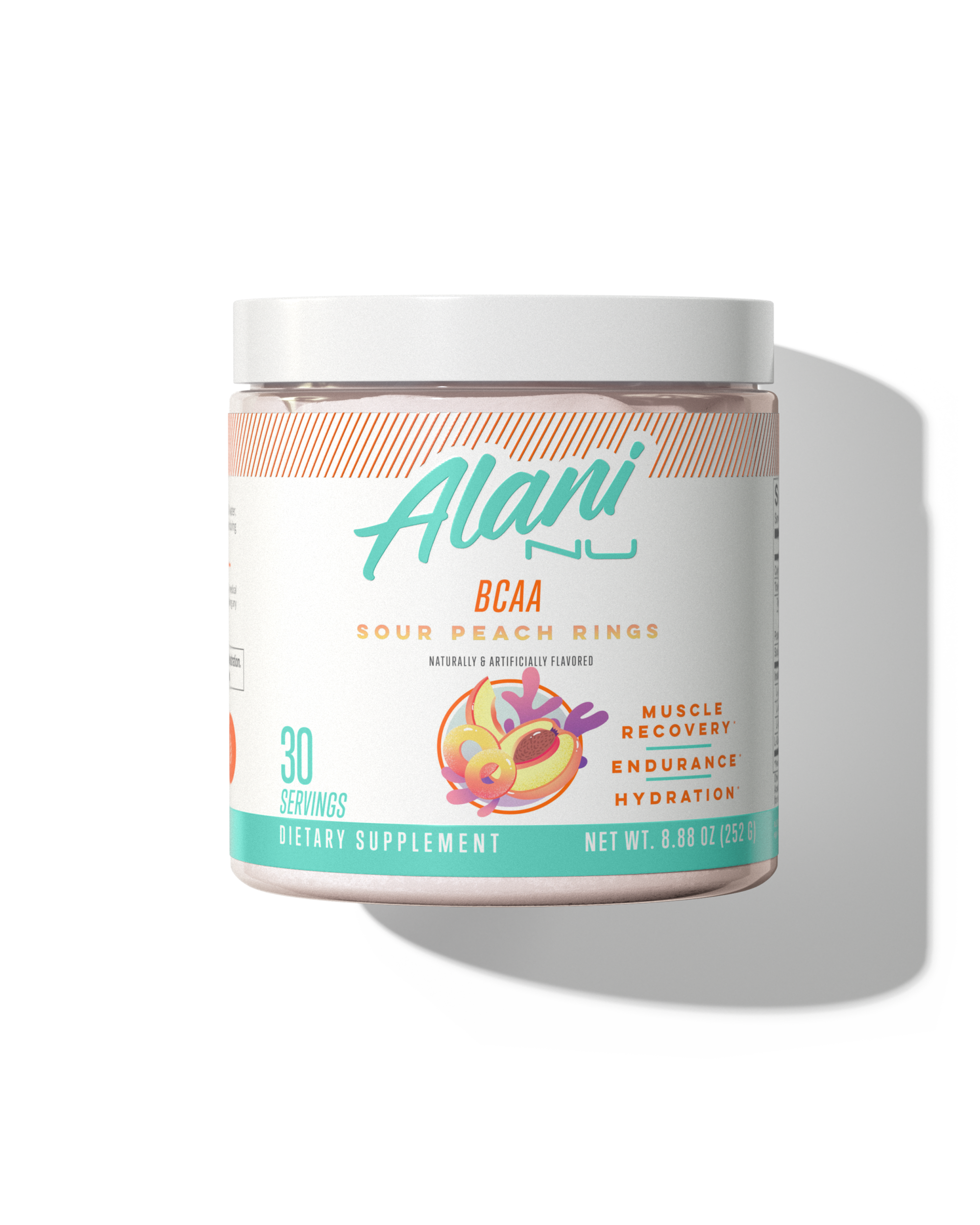 A 30 serving container of BCAA in Sour Peach Rings flavor.