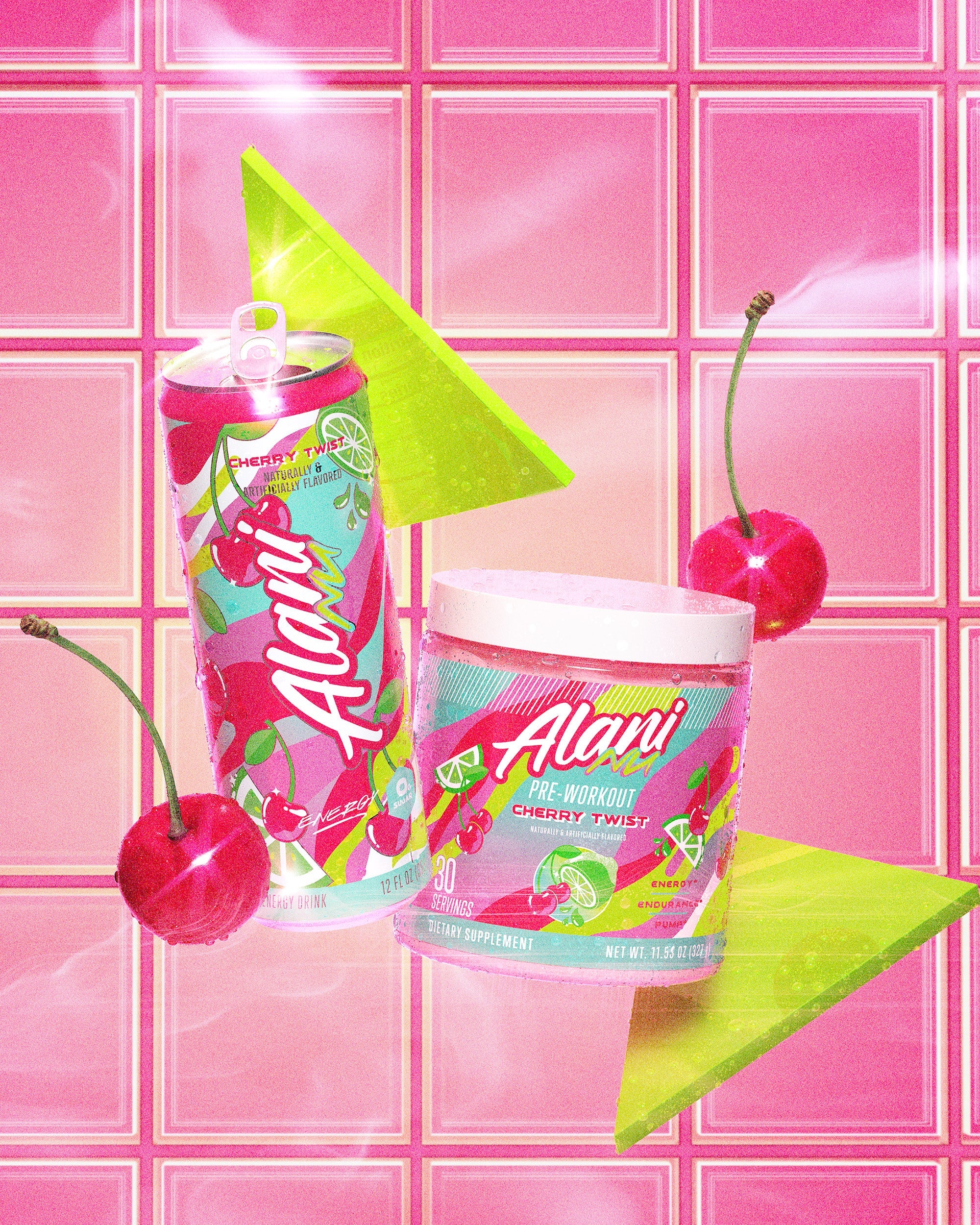 Cherry Twist Energy and Pre-Workout suspended in air along with retro lime green triangles and cherries against a pink tile background.