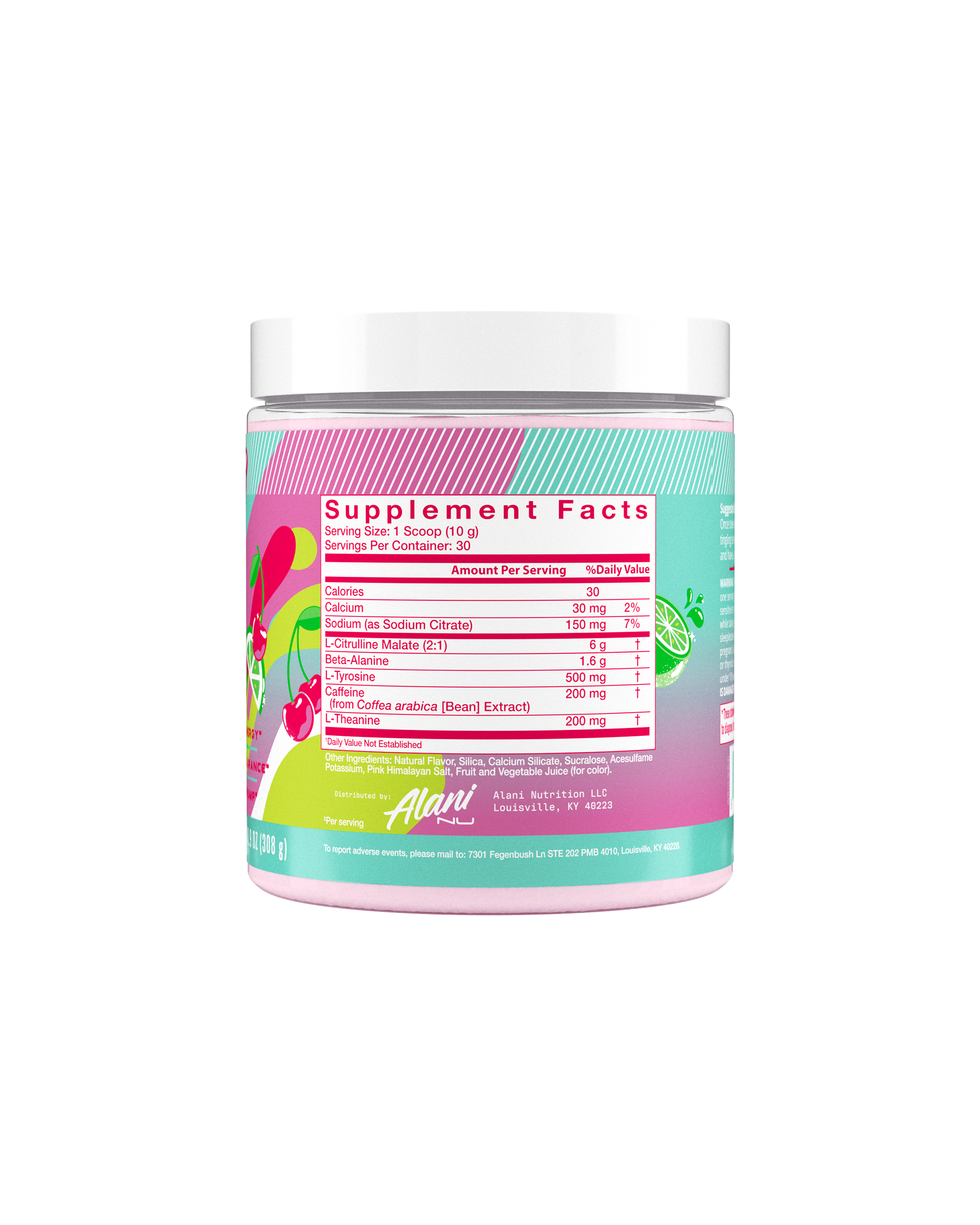 The back view of a 30-calorie Cherry Twist Pre-Workout tub, highlighting nutrition facts and ingredients.