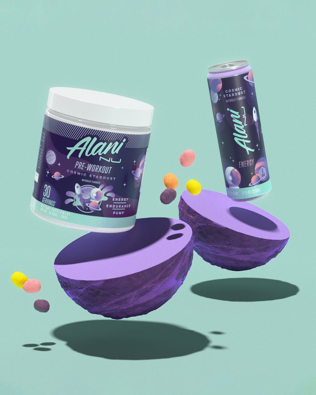 A container of Pre-Workout in Cosmic Stardust flavor and a Energy Drink in Cosmic Stardust flavor .