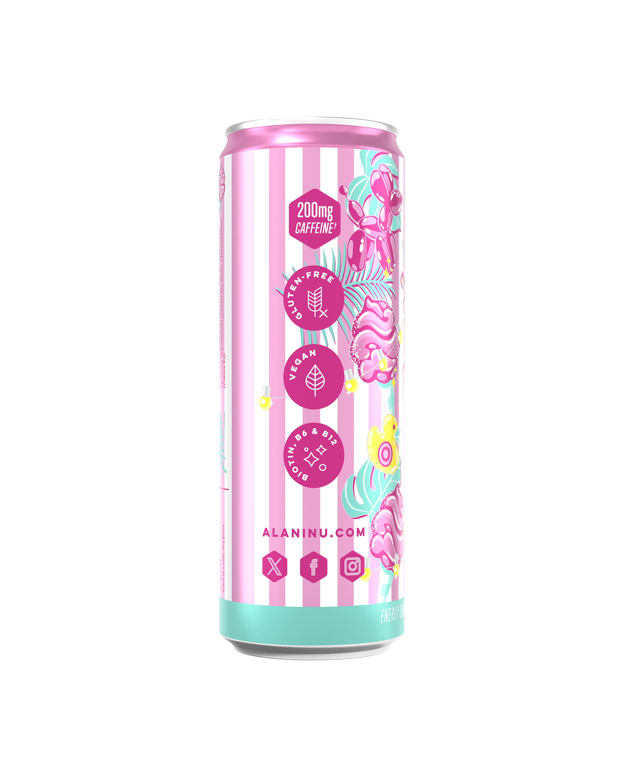 The side view of a Cotton Candy Energy Drink, gluten-free, vegan, and made with B vitamins and 200mg of caffeine per serving.
