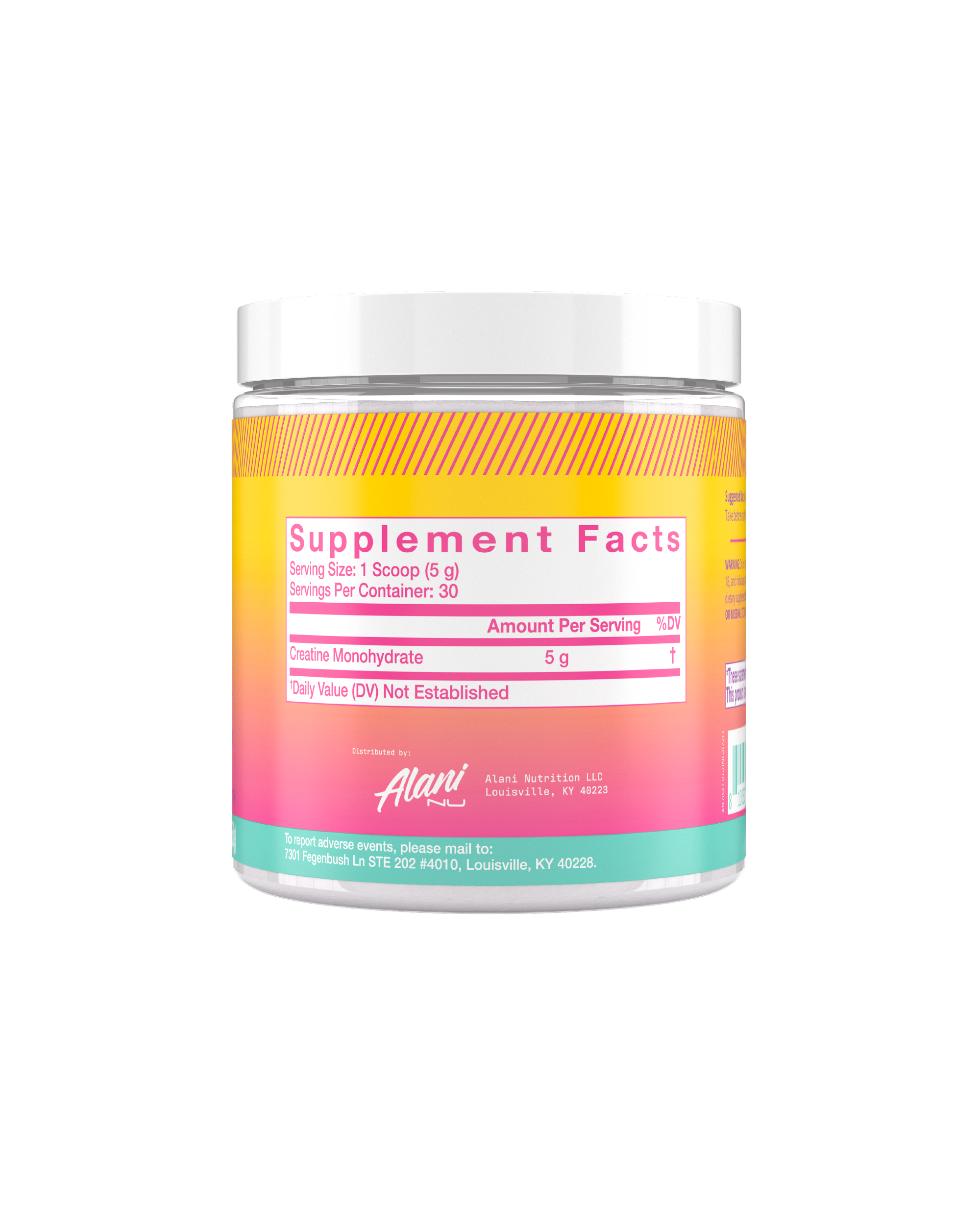 A back view of Creatine in unflavored showcasing supplement facts.