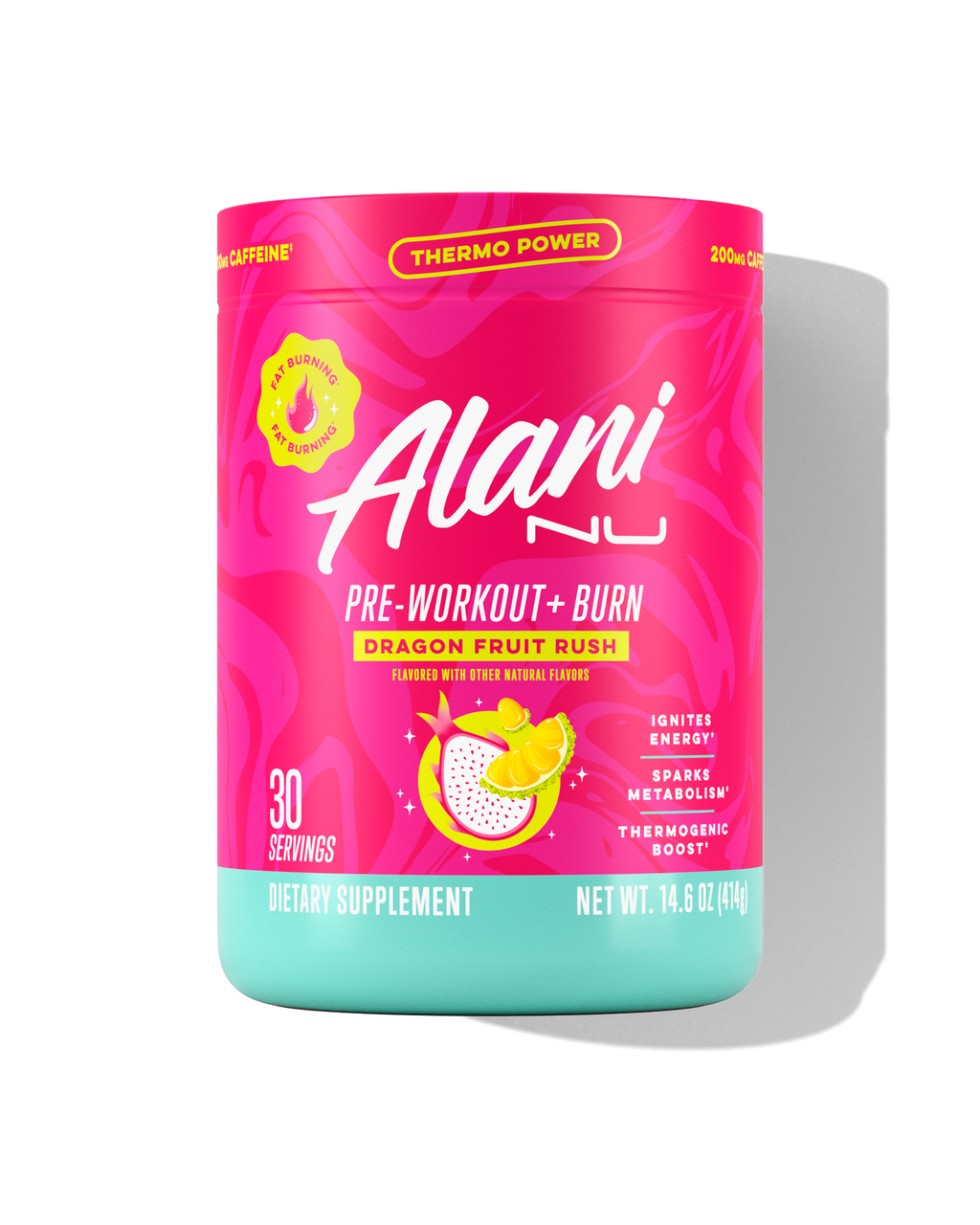 The front view of a 30-serve tub of Alani Nu Dragon Fruit Rush Pre-Workout+ Burn, flavored with other natural flavors and made to help burn fat, boost energy, and spark metabolism.*