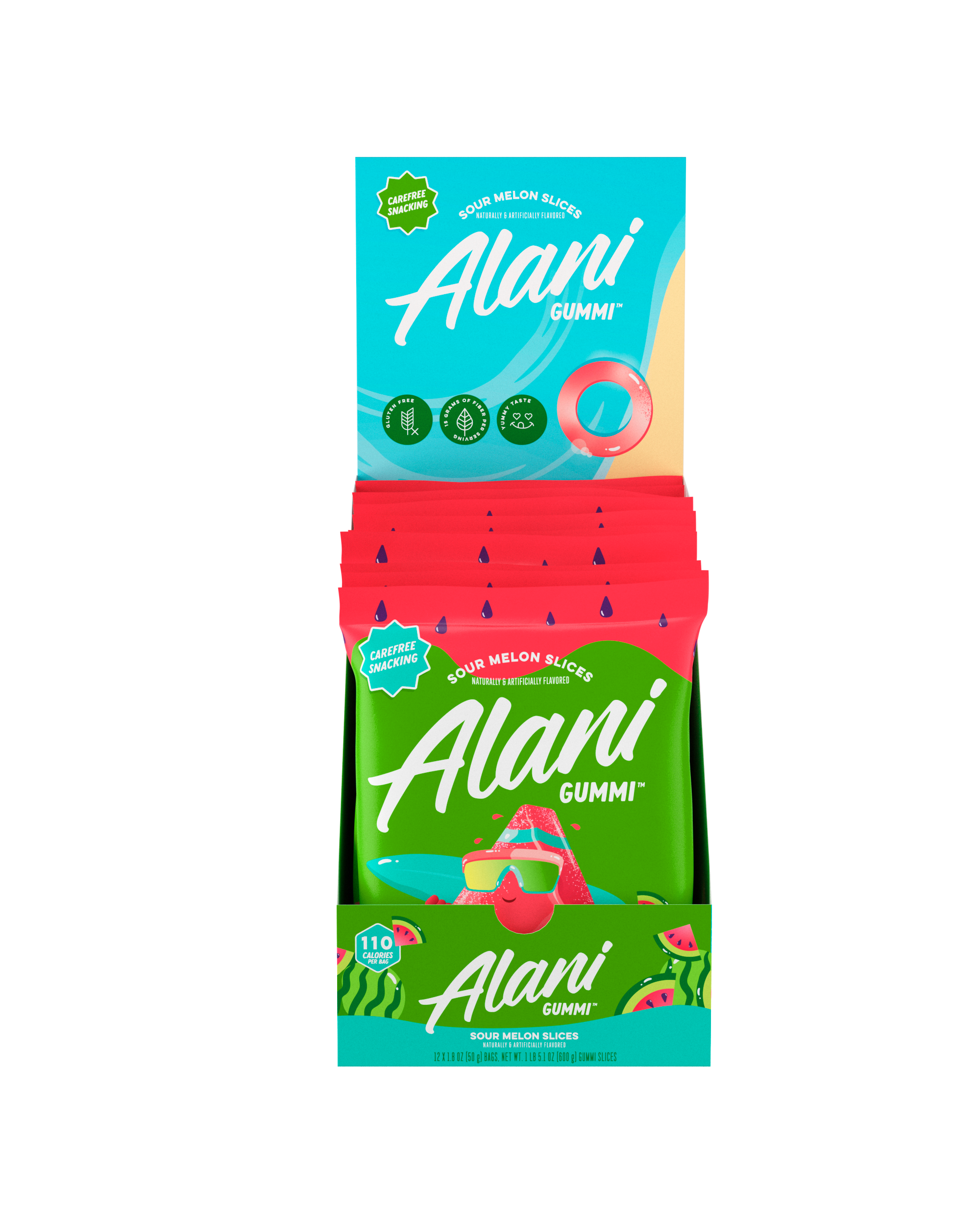 A 12 pack front view of gummi in flavor sour melon slices.