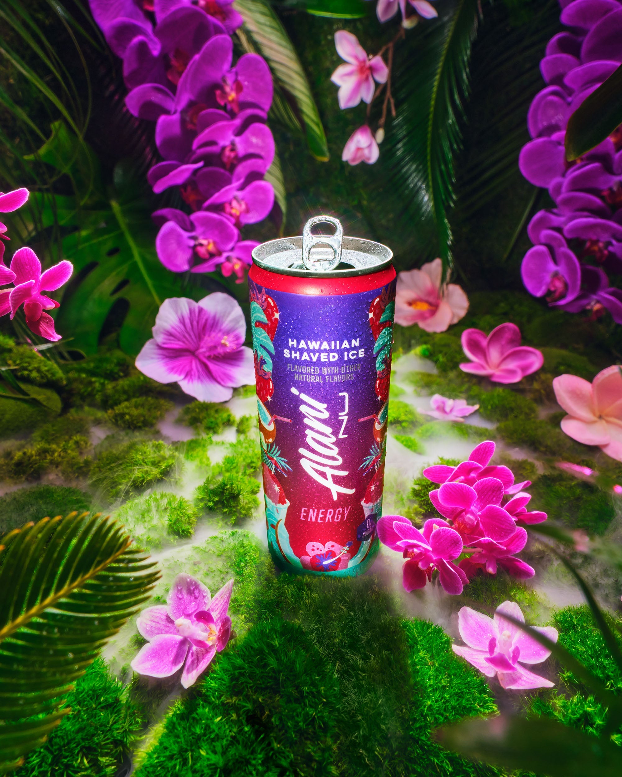 A crisp can of Hawaiian Shaved Ice on the rainforest floor, surrounded by moss, ferns, and orchids.