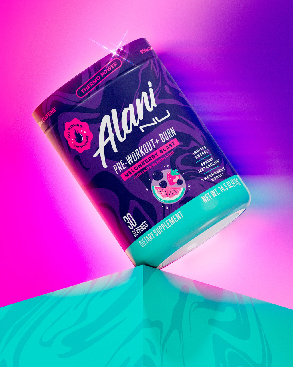 Alani Nu's thermo-powered Melonberry Blast Pre-Workout+ Burn supplement on a seafoam shelf in front of a vivid background.
