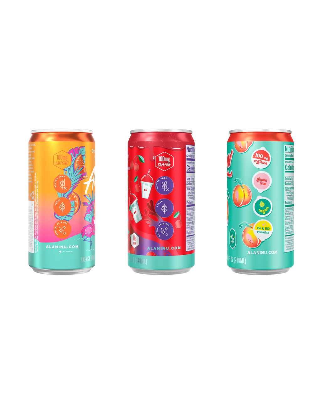 A side view of Mini Cans in flavors Orange Kiss, Cherry Slush and Juicy Peach.
