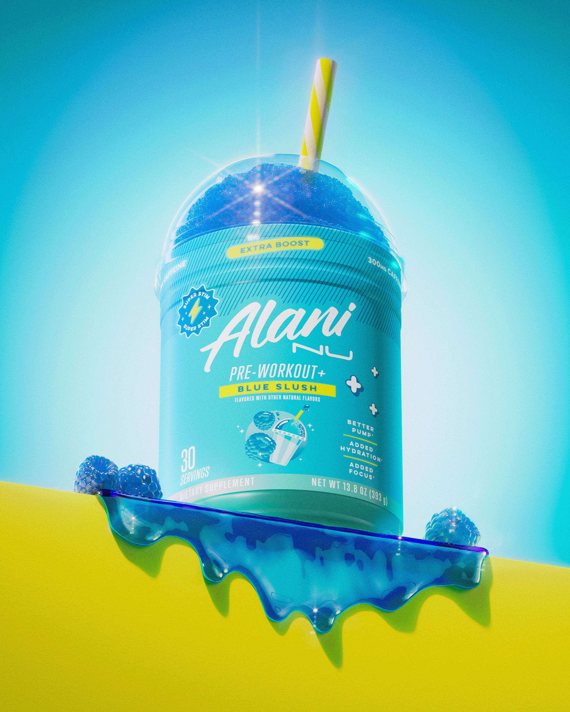 Blue Slush Pre-Workout+ topped with a scoop of slushie and a straw. Blue raspberries and sweet, flavored syrup frame the tub.