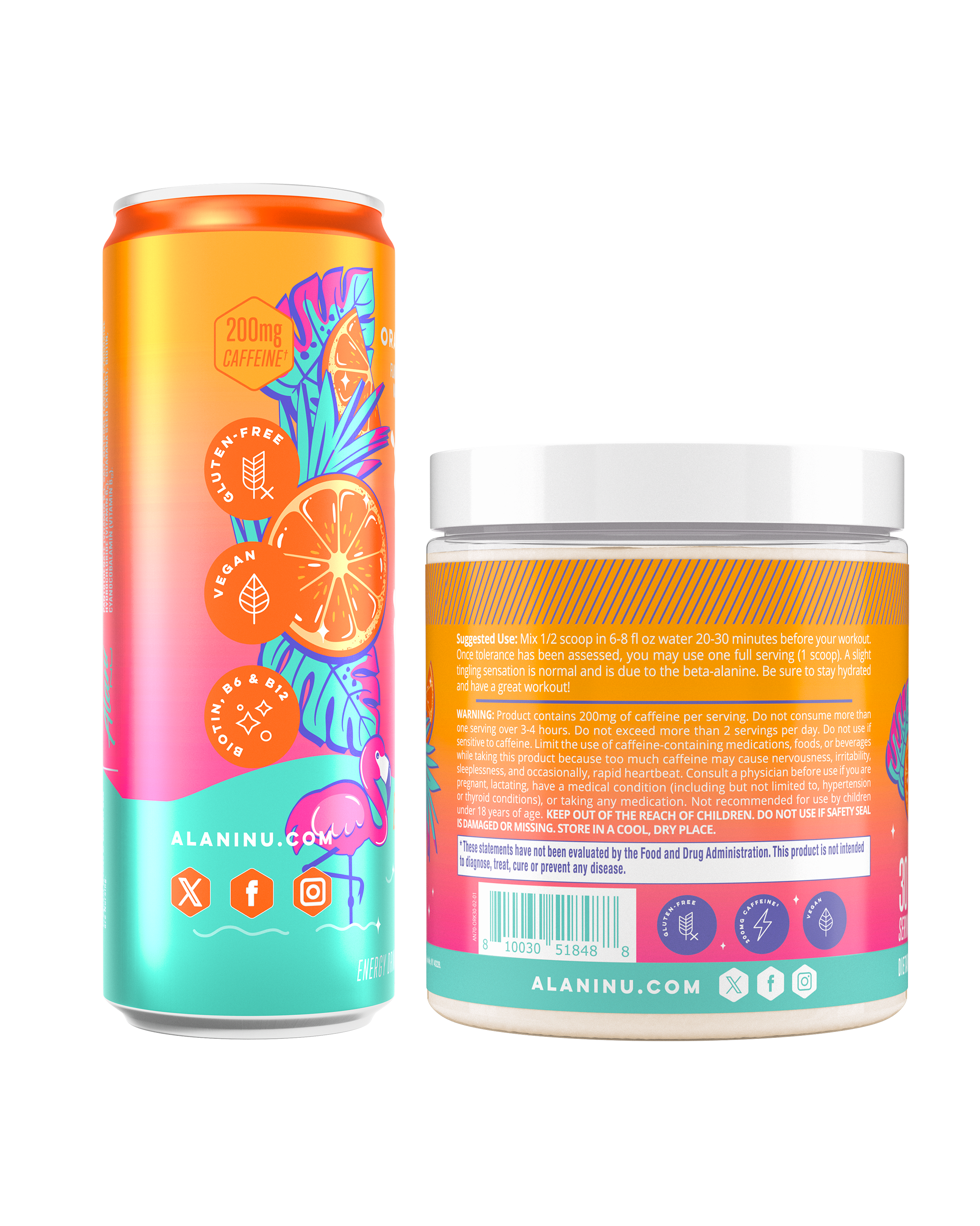 The side view of an Alani Nu Orange Kiss Energy Drink can and Pre-Workout tub.