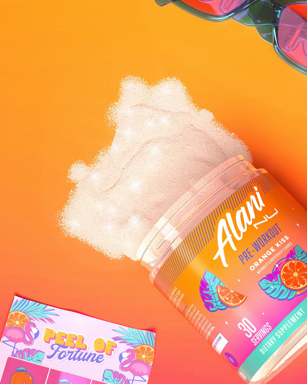 A spilled tub of Orange Kiss Pre-Workout next to sunglasses and a “Peel of Fortune” lottery card.