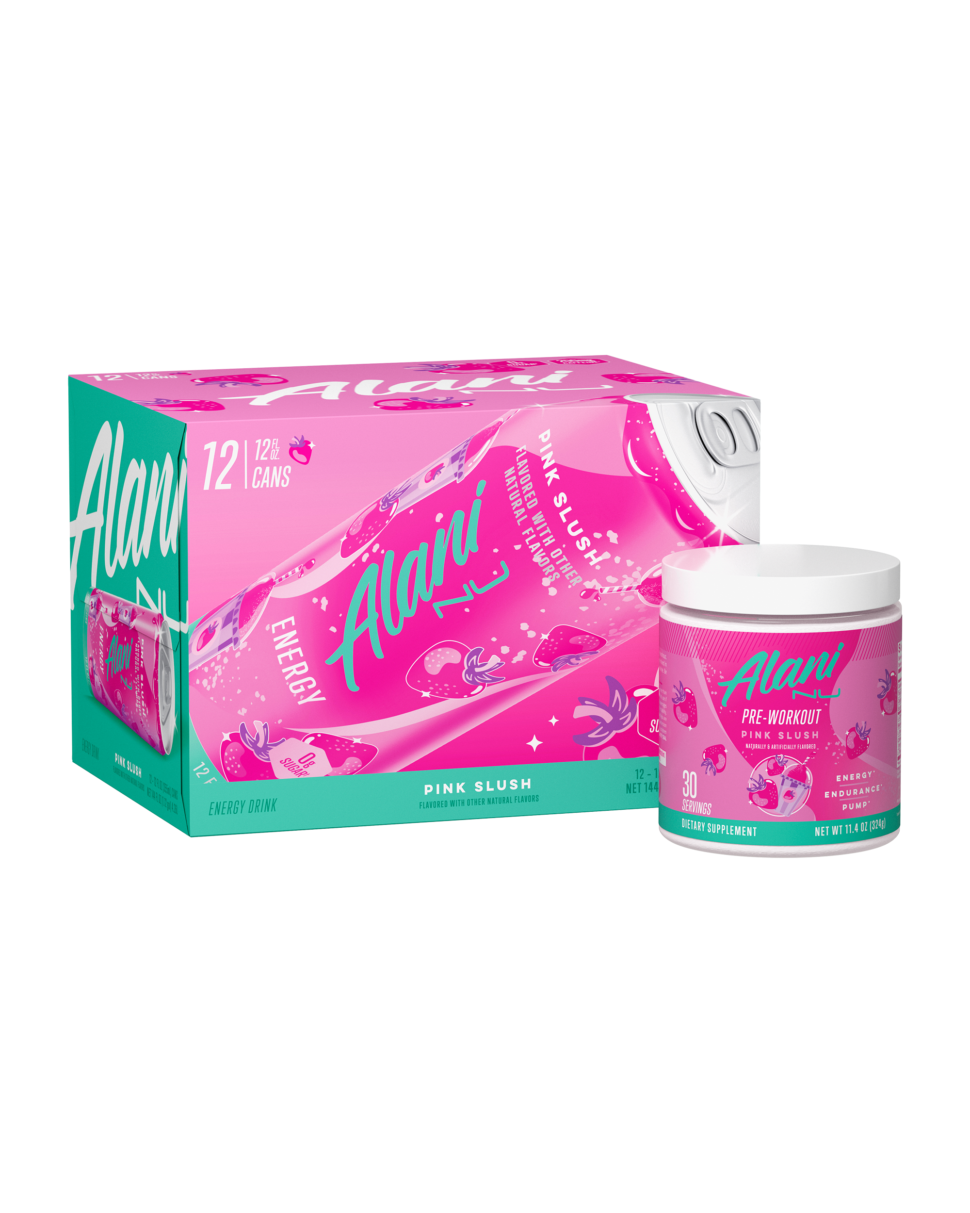 The front view of an Alani Nu Pink Slush Energy Drink can and Pre- Workout tub.