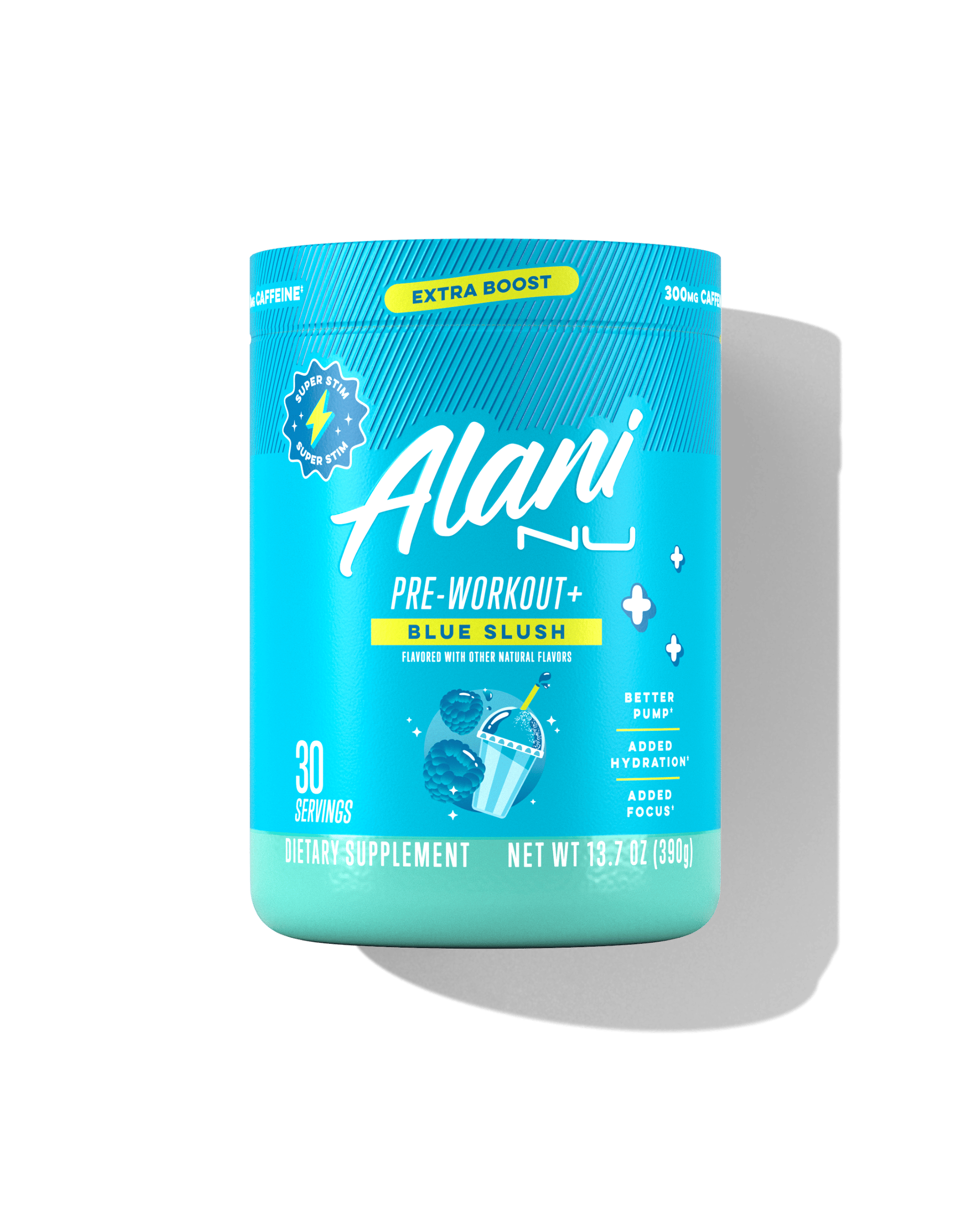 The front view of a 30-serve tub of Alani Nu Blue Slush Pre-Workout+, flavored with other natural flavors and made to support better pump, added hydration, and added focus.