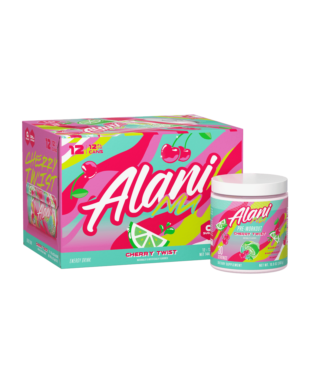 The front view of an Alani Nu Cherry Twist Energy Drink can and Pre- Workout tub.