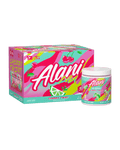The front view of an Alani Nu Cherry Twist Energy Drink can and Pre- Workout tub.